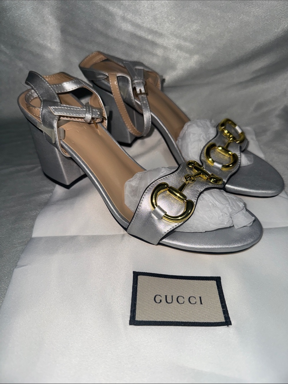 Gucci Silver Leather Slingback Heels with Gold Horsebit🔥New! Size: 40 eur!